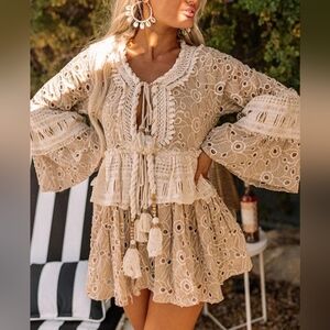 Gipsy Queen Barok Paris Boho Eyelet Lace Embroidered Open Tie-Front Cardigan Tan